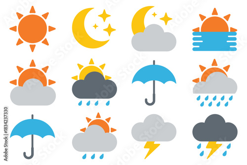 A collection of weather icons depicts various meteorological conditions such as sun, moon, clouds, rain, and lightning.