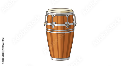 Traditional Wooden Conga Drum Percussion Instrument with White Head.