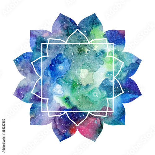 Illustration of mandala shape with white frame. Multicolored colorful watercolor texture, background. Oriental ethnic asian lotus flower symbol sign, chakra silhouette. Green blue colors.