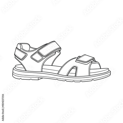 Hand drawn sketch of a single open toed sandal with buckle and velcro straps in black and white outline