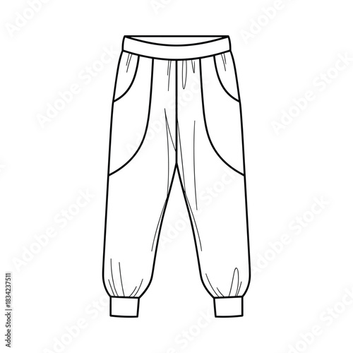 Fashion illustration of a pair of loose fitting casual pants with elasticated cuffs and pockets