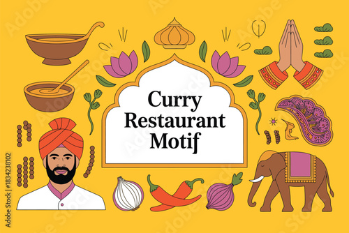 A vibrant Indian restaurant motif showcases curry, spices, an elephant, and a man in a turban.