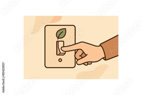 Flat vector illustration of hand turning off light switch with leaf icon soft rounded shapes clean outline earth day cozy eco style