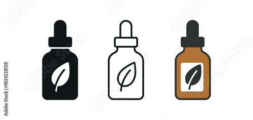 essential oil bottle icons three small dropper bottle icons with label and leaf one flat solid monochrome one thin black outline black and white one full color flat icon amber and white