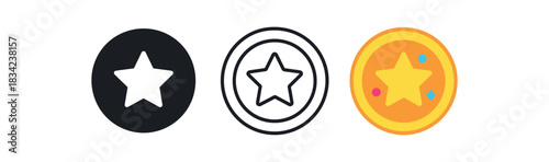 kids reward token icons three coin badge and sticker sheet silhouettes one flat solid monochrome one thin black outline black and white one full color flat icon gold and bright accent colors