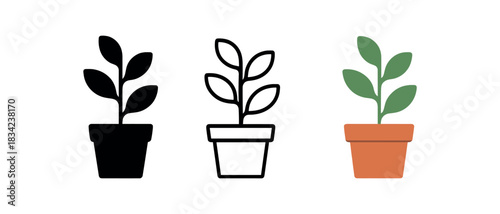 home plant icons three potted plant icons with small leaves and clean shape one flat solid monochrome one thin black outline black and white one full color flat icon green and terracotta