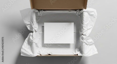 Opened cardboard box with white tissue paper and blank white card inside