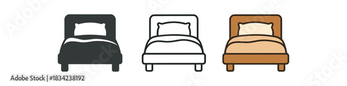 cozy bedroom icons three bed icons with blanket and soft pillow one flat solid monochrome one thin black outline black and white one full color flat icon linen and wood