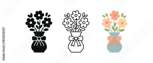 flower arranging icons three vase bouquet and ribbon silhouettes one flat solid monochrome one thin black outline black and white one full color flat icon soft floral colors