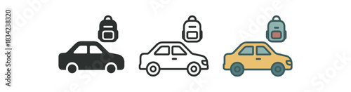 pick up from school icons three with small backpack symbol icons one flat solid monochrome one thin black outline black and white one full color flat icon friendly muted colors