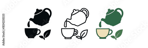 tea brewing icons three teapot cup and leaf silhouettes one flat solid monochrome one thin black outline black and white one full color flat icon green and cream