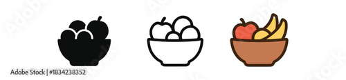snack time icons three small bowl with fruit or crackers icons one flat solid monochrome one thin black outline black and white one full color flat icon natural snack tones