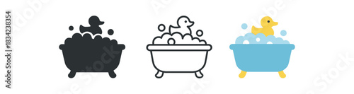 bath time icons three bathtub with bubbles and rubber duck icons one flat solid monochrome one thin black outline black and white one full color flat icon light blue and