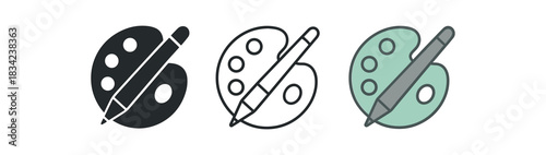 digital art icons three tablet stylus and color palette silhouettes one flat solid monochrome one thin black outline black and white one full color flat icon gray and mint