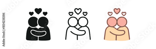 goodnight hug icons three small heart between two simple figures icons one flat solid monochrome one thin black outline black and white one full color flat icon warm pink and beige