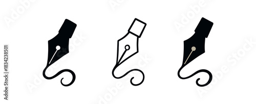 calligraphy icons three ink bottle nib and swirl line silhouettes one flat solid monochrome one thin black outline black and white one full color flat icon black and gold