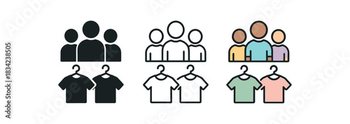 siblings getting ready icons three hanger and two small t shirt silhouettes grouped one flat solid monochrome one thin black outline black and white one full color flat icon pastel clothing
