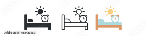 good morning icon sets three grouped icons of sun bed and small alarm clock one flat solid monochrome one thin black outline black and white one full color flat icon gentle uplifting colors