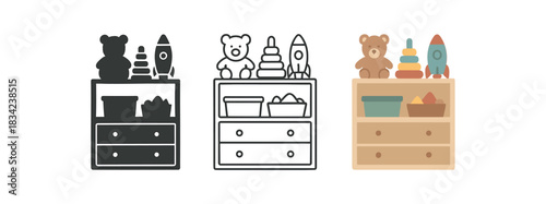 kids room tidy icons three toy shelf and storage bin grouped icons one flat solid monochrome one thin black outline black and white one full color flat icon muted playful tones
