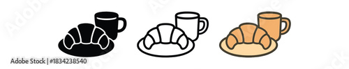 home breakfast icons three plate croissant and cup silhouettes one flat solid monochrome one thin black outline black and white one full color flat icon warm beige and cream