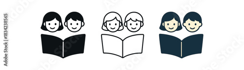 story time with siblings icons three open book icons with two small character heads one flat solid monochrome one thin black outline black and white one full color flat icon navy and cream