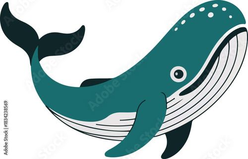 Cartoon whale vector illustration swimming gracefully, featuring a teal body with white markings and a friendly eye.