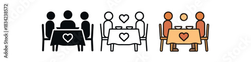 family dinner icons three long table icons with simple plates and small heart one flat solid monochrome one thin black outline black and white one full color flat icon warm home tones
