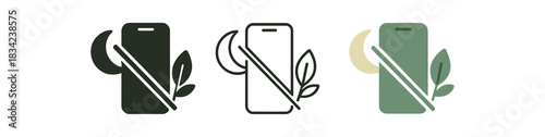 digital detox icons three phone crossed moon and plant silhouettes one flat solid monochrome one thin black outline black and white one full color flat icon calm green and beige