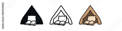 quiet time icons three small tent or reading nook icons with pillow and book one flat solid monochrome one thin black outline black and white one full color flat icon muted cozy colors