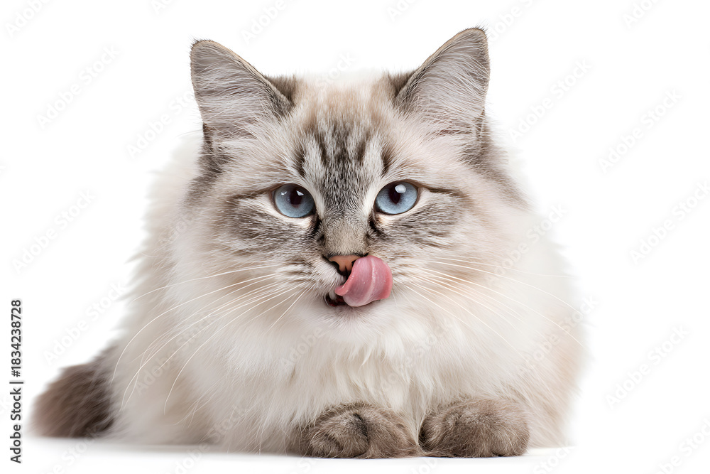 Obraz premium Cute fluffy cat with blue eyes licking its nose in a clean white background setting