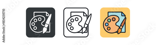 kids art time icons three paintbrush palette and paper grouped icons one flat solid monochrome one thin black outline black and white one full color flat icon creative bright palette