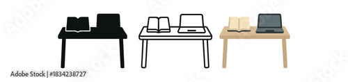 tidy workspace icons three desk notebook and laptop silhouettes one flat solid monochrome one thin black outline black and white one full color flat icon muted office tones