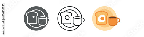 breakfast icons three plate with egg toast and cup grouped icons one flat solid monochrome one thin black outline black and white one full color flat icon warm beige and orange