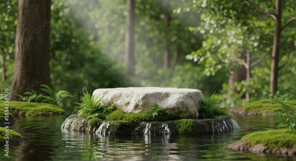Fototapeta premium Stone podium in a misty, lush green forest with water reflection
