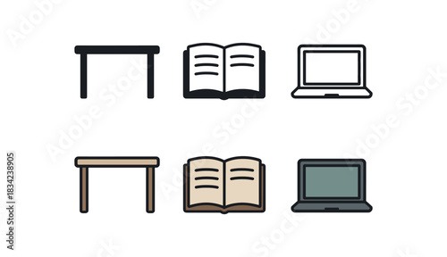 tidy workspace icons three desk notebook and laptop silhouettes one flat solid monochrome one thin black outline black and white one full color flat icon muted office tones
