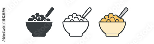 breakfast cereal bowl icons three bowl icons with spoon and flakes one flat solid monochrome one thin black outline black and white one full color flat icon beige and white