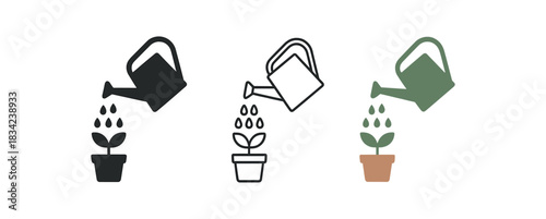 watering plant icons three watering can and small potted plant grouped icons one flat solid monochrome one thin black outline black and white one full color flat icon green and terracotta