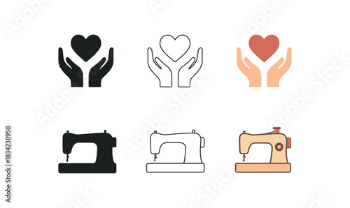 ethical production icons three hands heart and sewing machine silhouettes one flat solid monochrome one thin black outline black and white one full color flat icon soft warm palette
