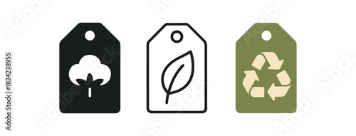 fabric label icons three small tag silhouettes with organic natural and recycled marks one flat solid monochrome one thin black outline black and white one full color flat icon green beige