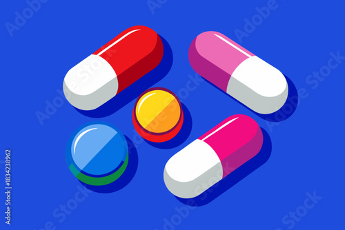 Flat-style illustration of pills and capsules in various colors and shapes. Ideal for medical, pharmaceutical, healthcare, wellness, and educational or digital design projects