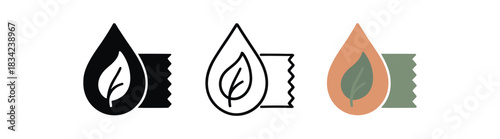 eco dye icons three droplet leaf and textile silhouettes one flat solid monochrome one thin black outline black and white one full color flat icon soft botanical tones
