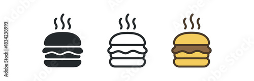 breakfast sandwich icons three stacked sandwich silhouettes with steam line one flat solid monochrome one thin black outline black and white one full color flat icon and brown