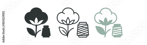 organic cotton icons three cotton flower leaf and thread silhouettes one flat solid monochrome one thin black outline black and white one full color flat icon white and soft green