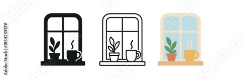 calm morning window icons three window silhouettes with plants and cup on sill one flat solid monochrome one thin black outline black and white one full color flat icon bright daylight tones