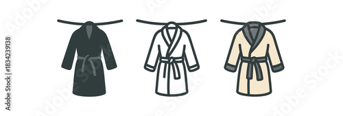 cozy robe icons three bathrobe icons hanging with towel line one flat solid monochrome one thin black outline black and white one full color flat icon cream and gray