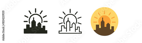 city sunrise icons three skyline silhouettes with sun rising behind one flat solid monochrome one thin black outline black and white one full color flat icon golden daylight palette