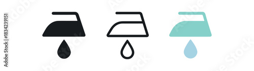 garment care icons three clothing label iron and droplet silhouettes one flat solid monochrome one thin black outline black and white one full color flat icon clean pastel palette