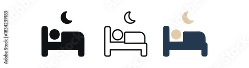 sleeping person icons three simple bed icons with tiny moon above one flat solid monochrome one thin black outline black and white one full color flat icon midnight blue and beige