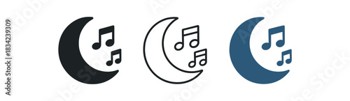 lullaby music icons three music note and moon grouped icons one flat solid monochrome one thin black outline black and white one full color flat icon deep blue and white