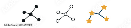 constellation icons three cluster icons connected by fine lines one flat solid monochrome one thin black outline black and white one full color flat icon gold and navy